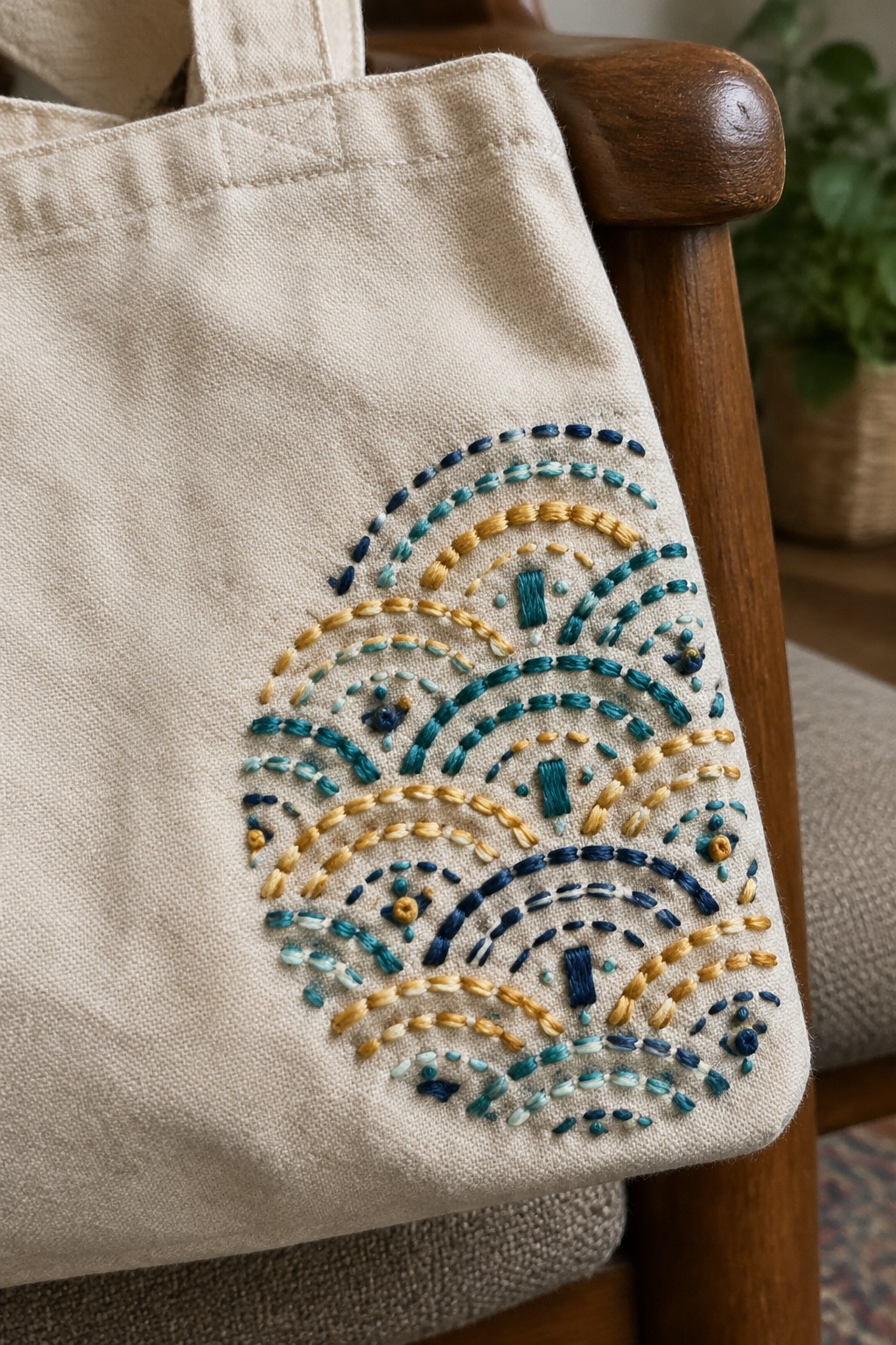 A cream canvas tote bag with layered teal, navy, and ochre wave embroidery on its lower corner, hanging over a wooden chair.