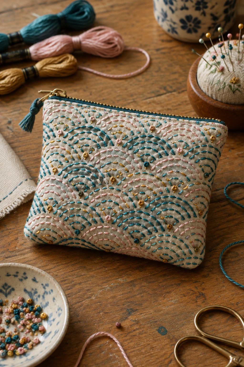A cream embroidered zipper pouch with repeating teal, pink, and gold wave patterns rests on a wooden craft table among thread, pins, and scissors.