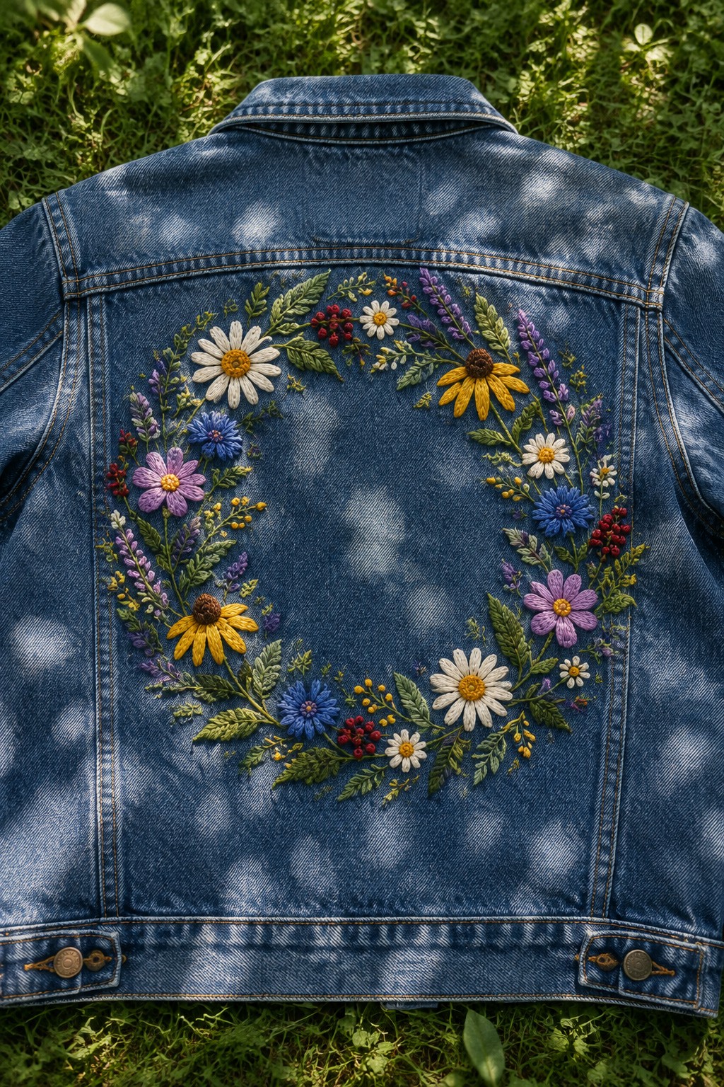 A denim jacket laid on grass with a colorful embroidered wildflower wreath on the back.