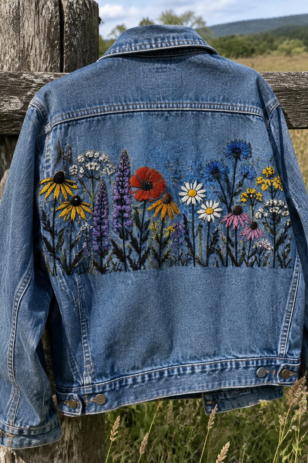 A blue denim jacket hanging on a wooden fence with a colorful wildflower band embroidered across its back.