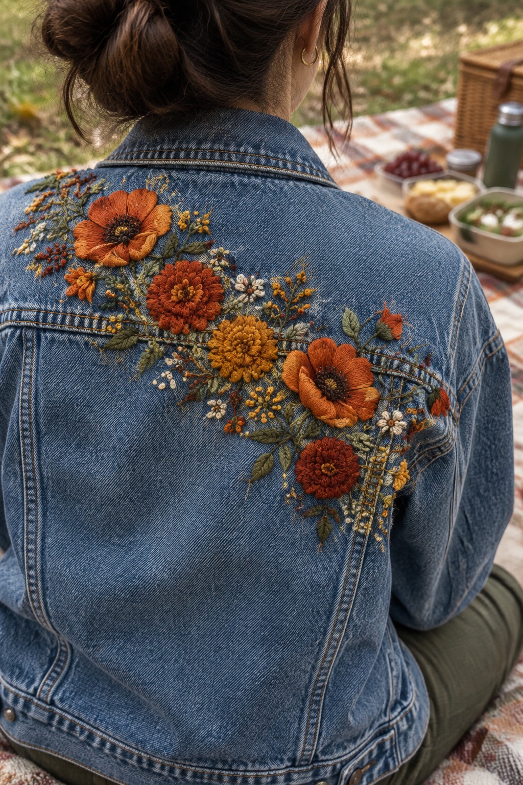 A person wearing a blue denim jacket with a diagonal spray of orange and yellow embroidered wildflowers across the back.