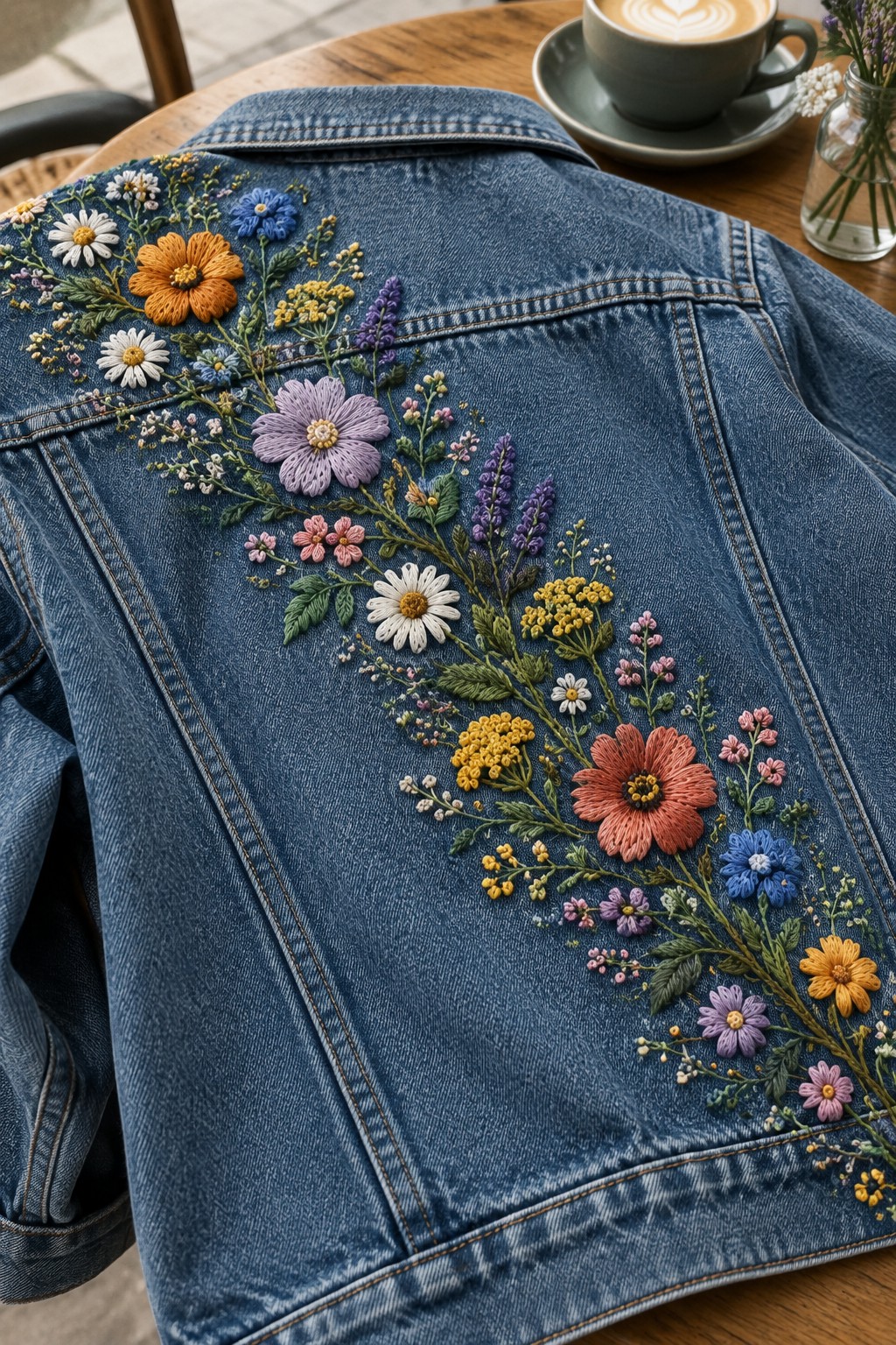 A blue denim jacket with a diagonal trail of colorful embroidered wildflowers across the back.
