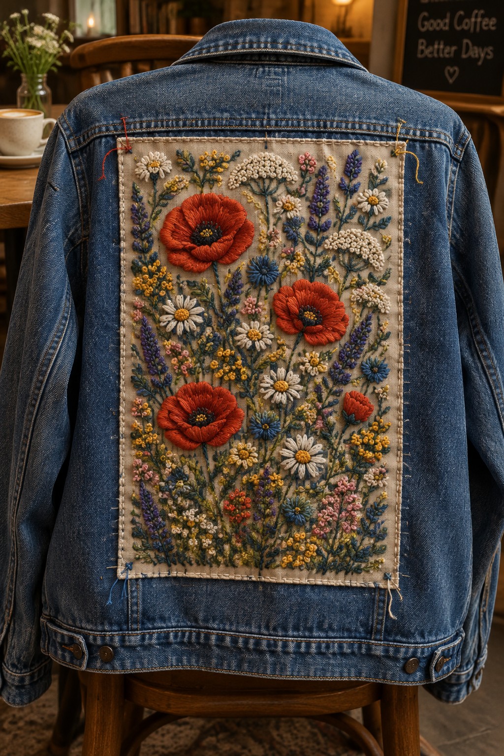 A denim jacket on a chair with a large rectangular panel embroidered with colorful wildflowers across the back.