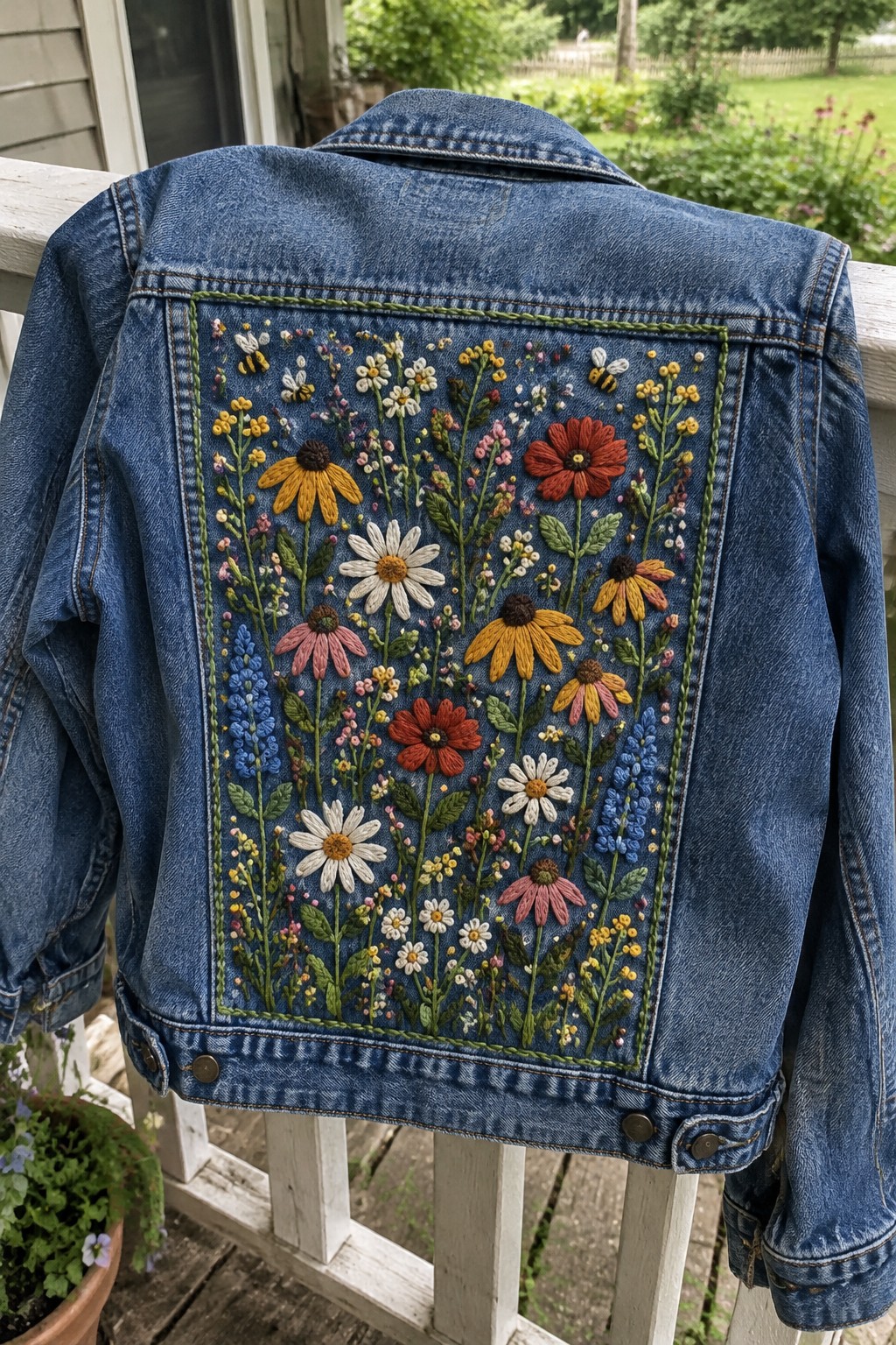 A denim jacket hanging on a white railing with a colorful wildflower meadow embroidered inside a bordered panel on the back.