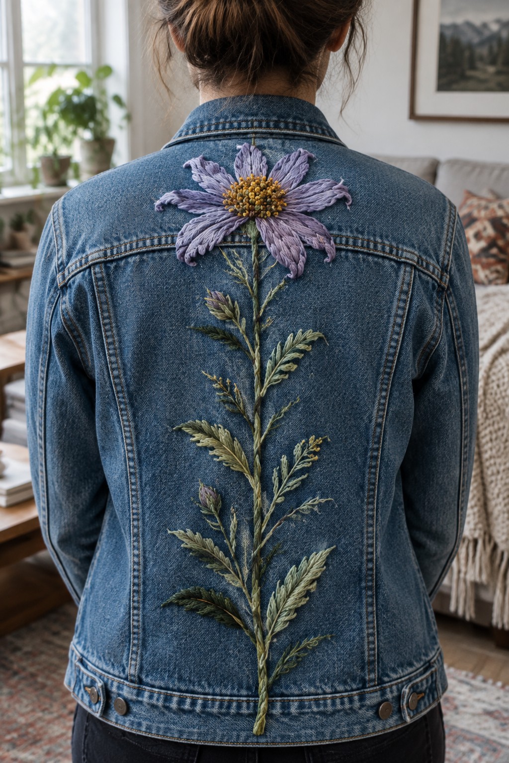 A person wears a blue denim jacket embroidered with a tall green stem, leaves, and a large lavender wildflower down the center back.