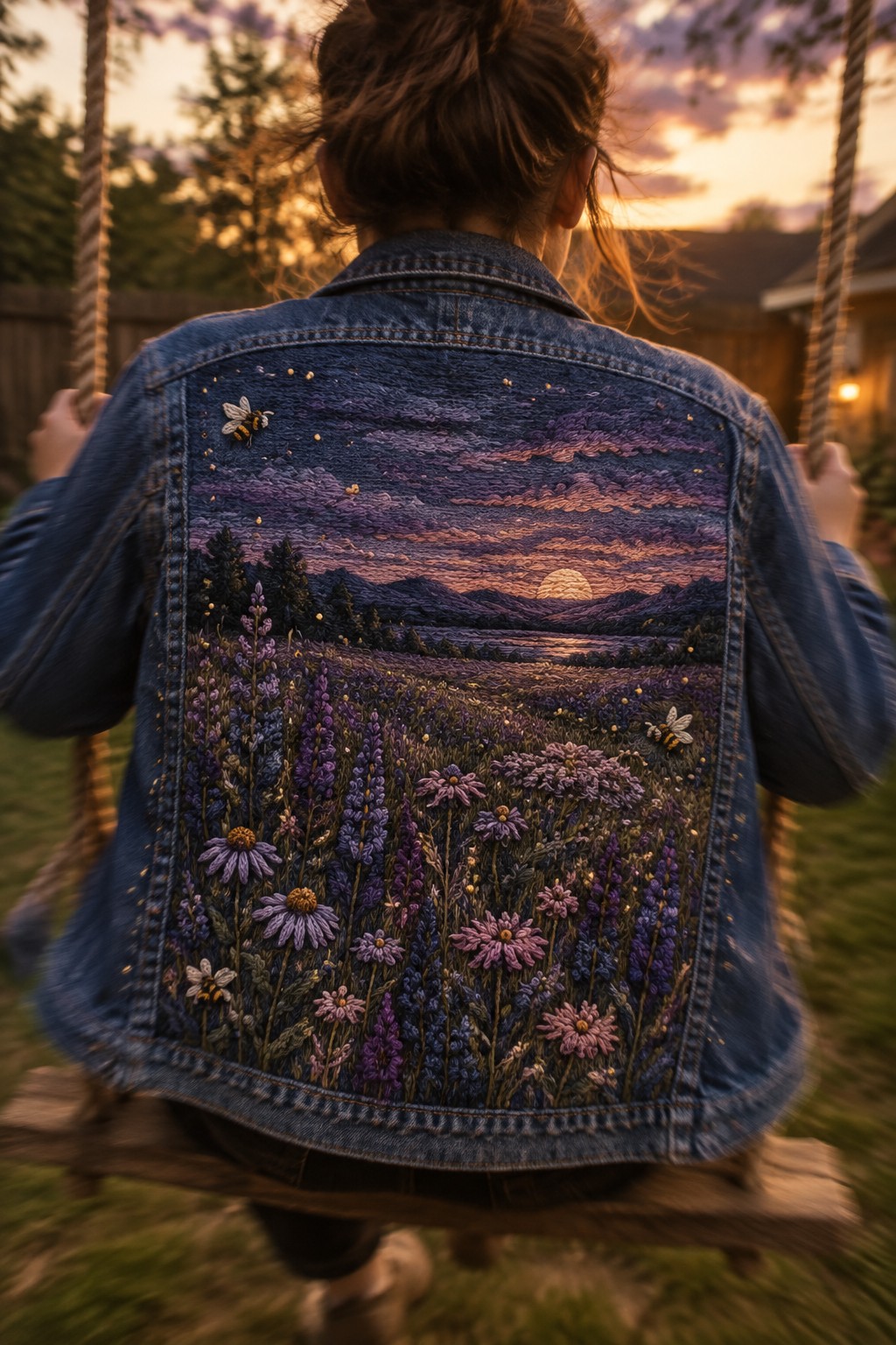 A person sits on a swing wearing a denim jacket embroidered with a sunset meadow and wildflowers across the back.