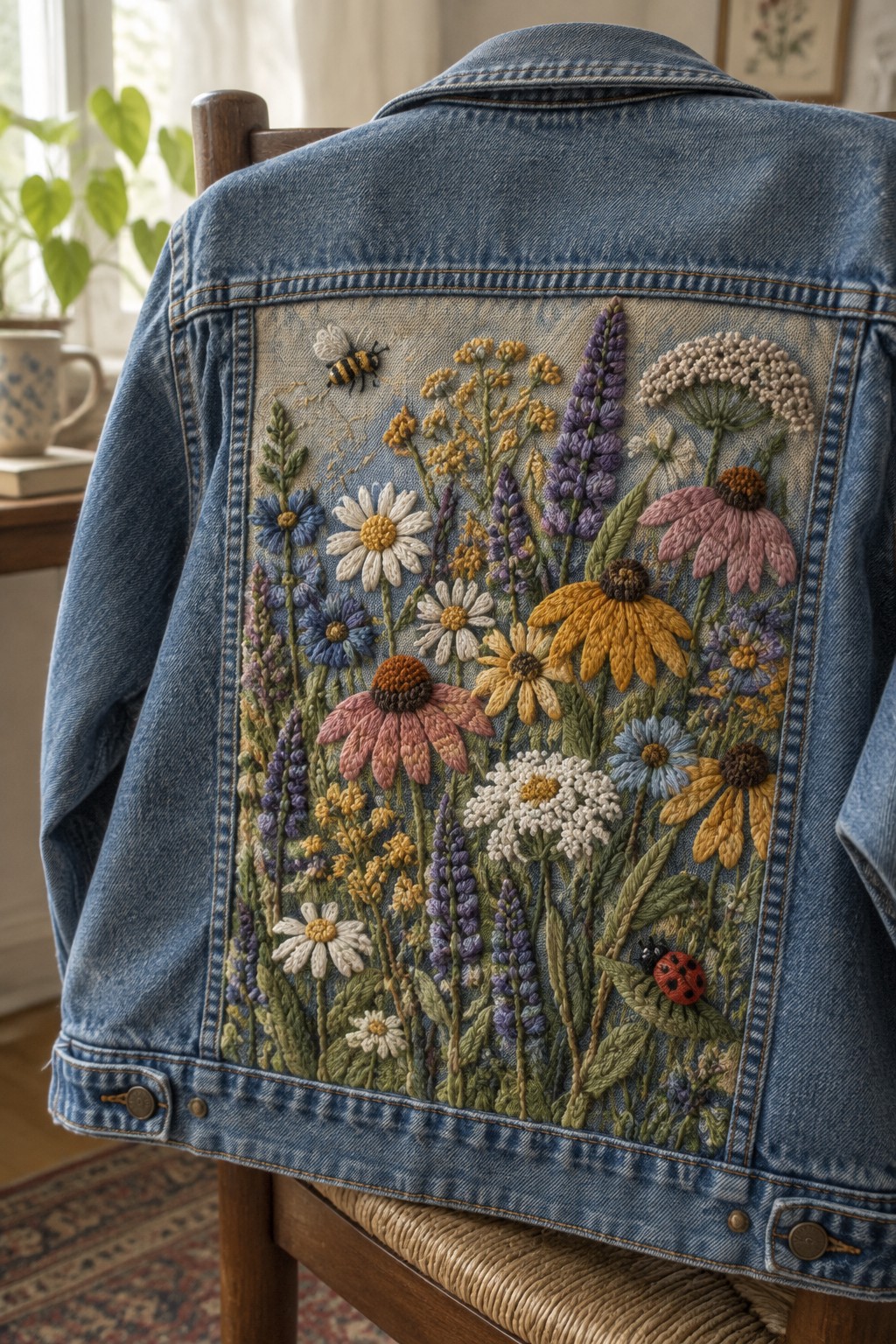 A denim jacket on a chair has a dense, colorful wildflower garden embroidered across its back panel, with a bee near the top and a ladybug near the bottom.