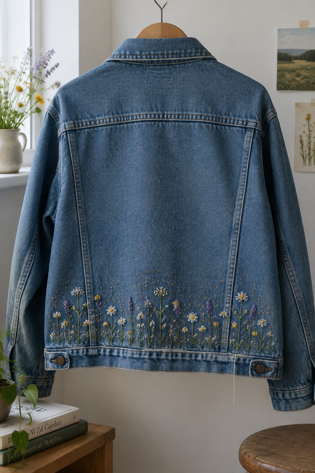 A blue denim jacket hanging on a wooden hanger, embroidered with colorful wildflowers across the lower back.