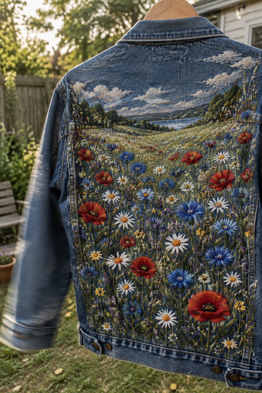 A denim jacket on a wooden hanger has a colorful embroidered wildflower meadow and mountain landscape across its back.