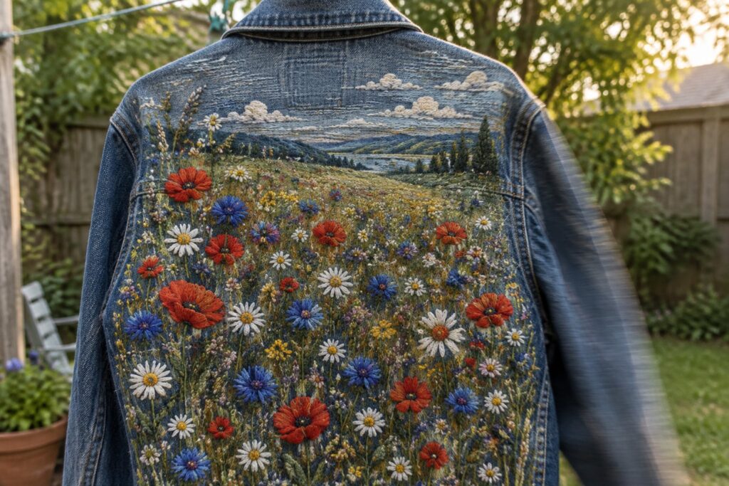 A denim jacket on a wooden hanger has a colorful embroidered wildflower meadow and mountain landscape across its back.