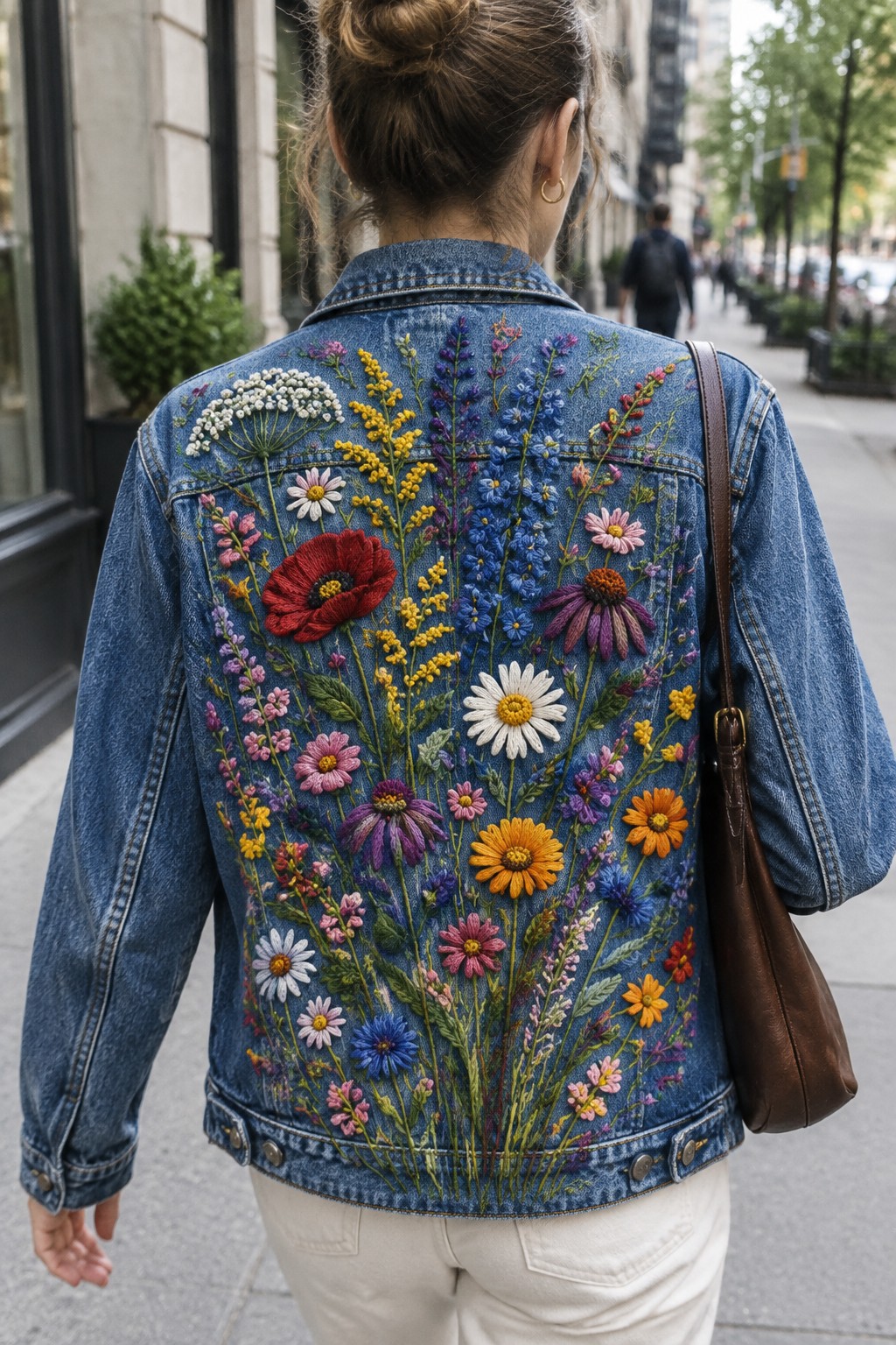 A person wearing a denim jacket embroidered with colorful wildflowers across the back.