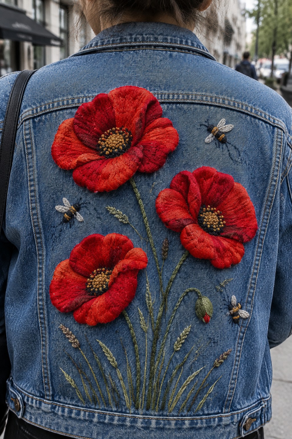 Three embroidered red poppies with green stems and small white flowers cover the back of a denim jacket.