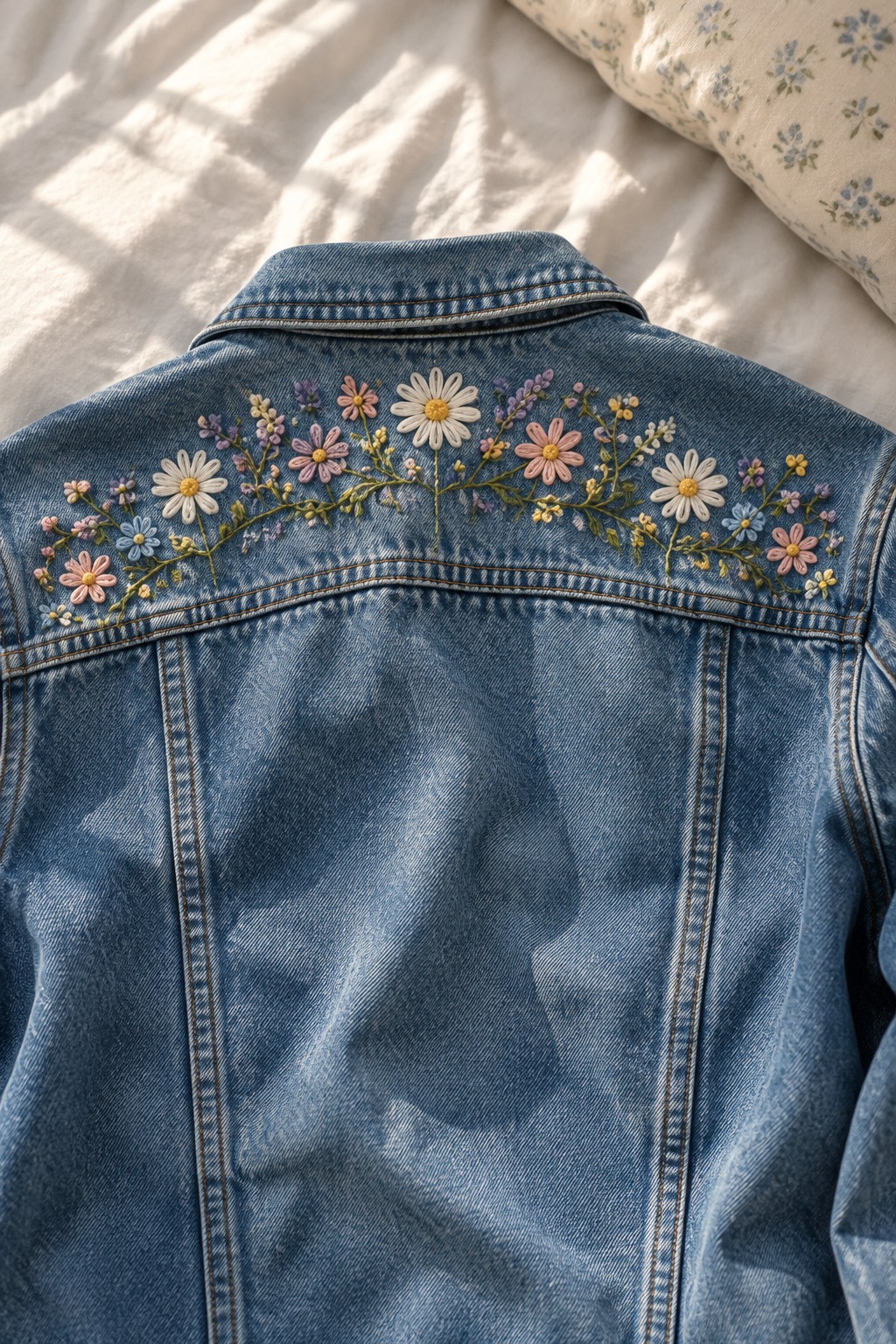 A blue denim jacket with a curved wildflower embroidery design across the back yoke лежing on white bedding.