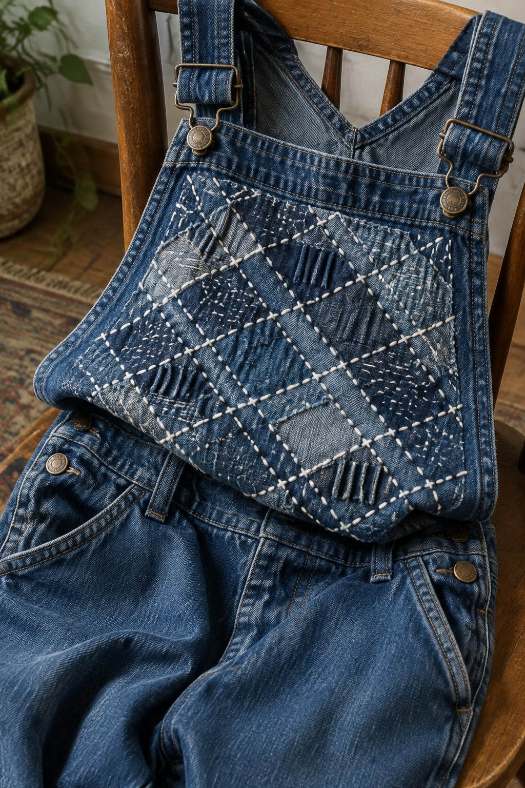 Blue denim overalls with a large white stitched diamond grid across the bib pocket, draped over a wooden chair.