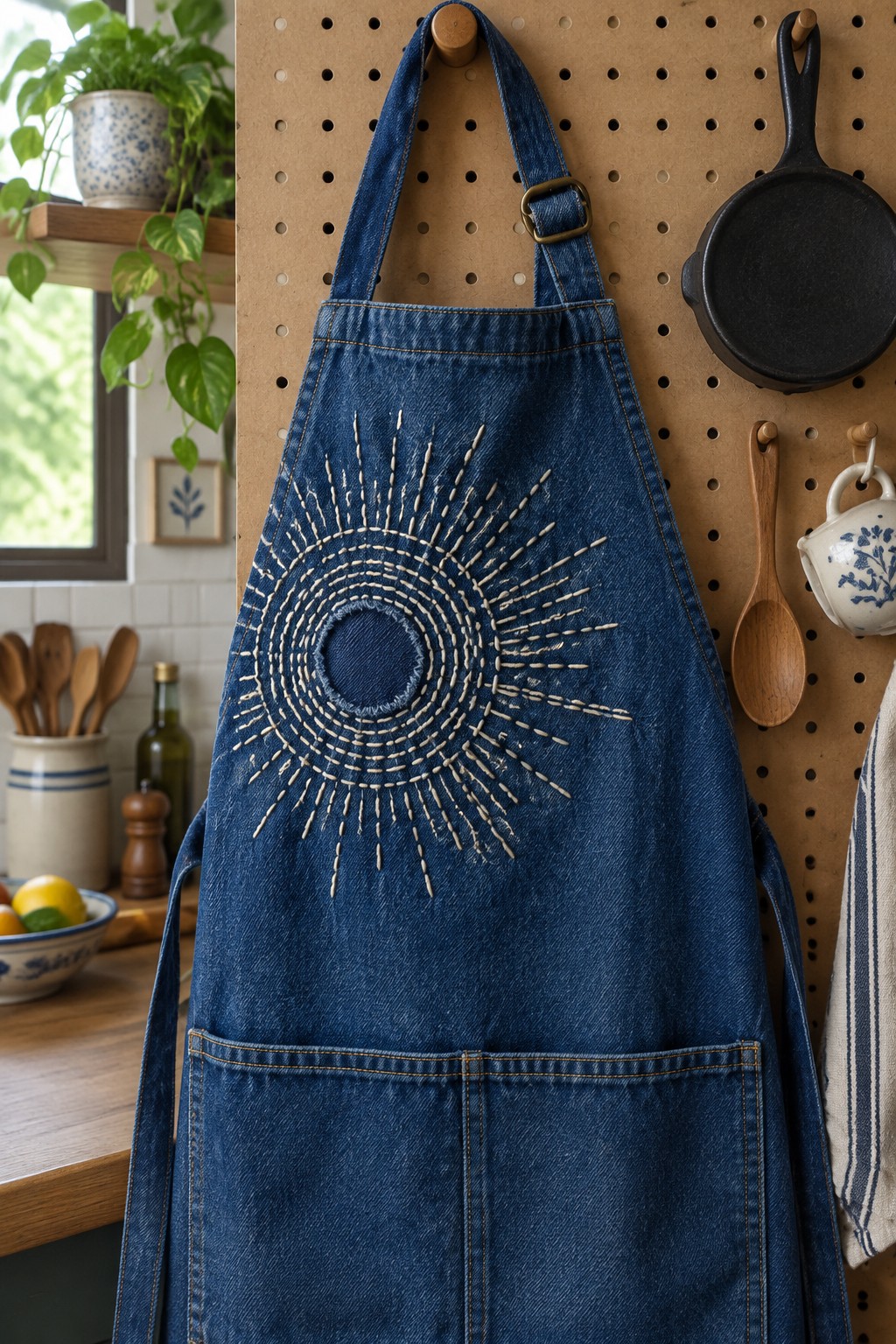 A dark denim apron with a cream radiating sashiko motif hangs on a pegboard in a kitchen.