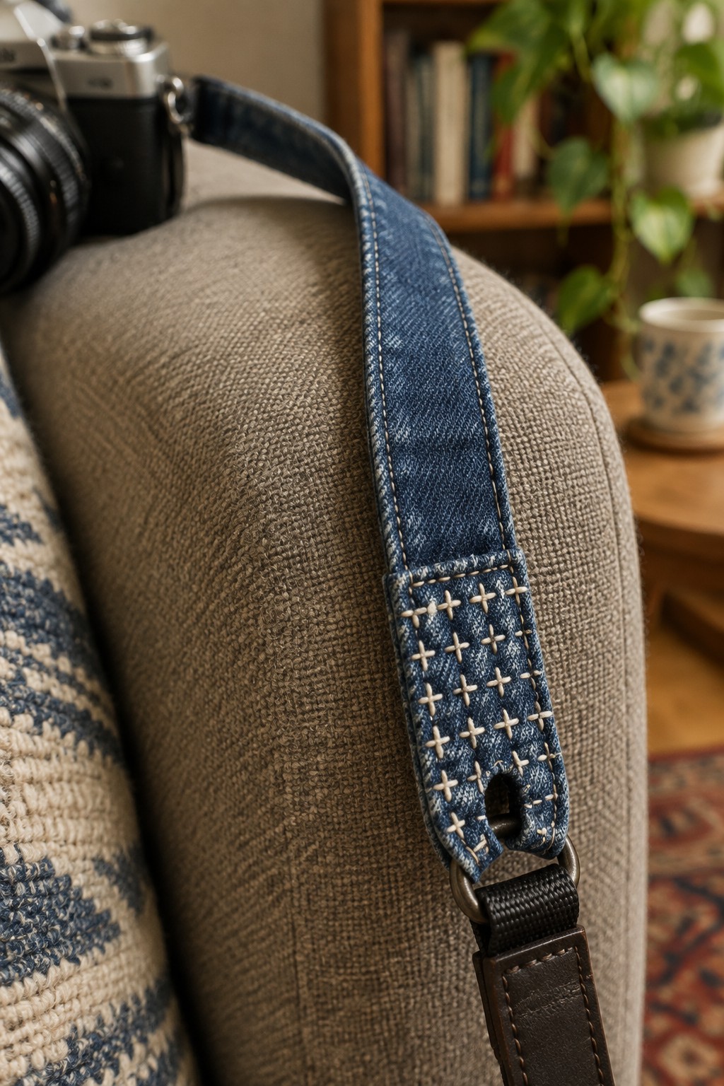A denim strap decorated with rows of cream cross-shaped stitches drapes over a brown chair beside a camera.
