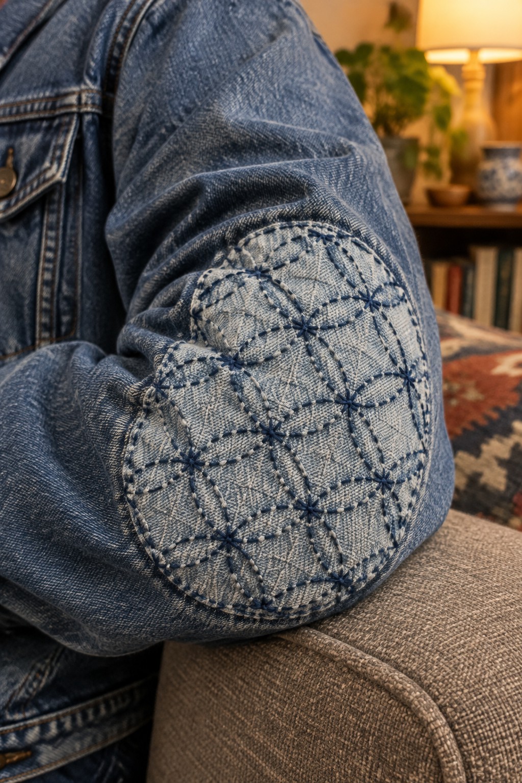 Close-up of a denim jacket with a circular light denim elbow patch stitched in a dark blue geometric pattern.