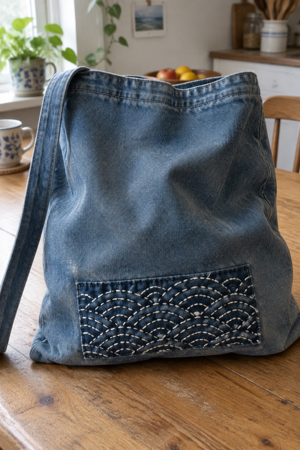 A large blue denim tote with a rectangular sashiko-stitched patch on the front, resting on a wooden table.