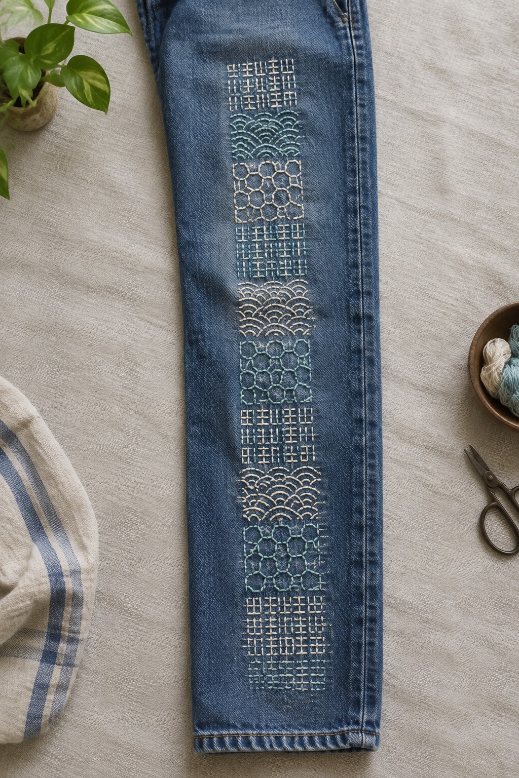 A denim jeans leg embroidered with a vertical column of cream and pale blue-green sashiko patterns.