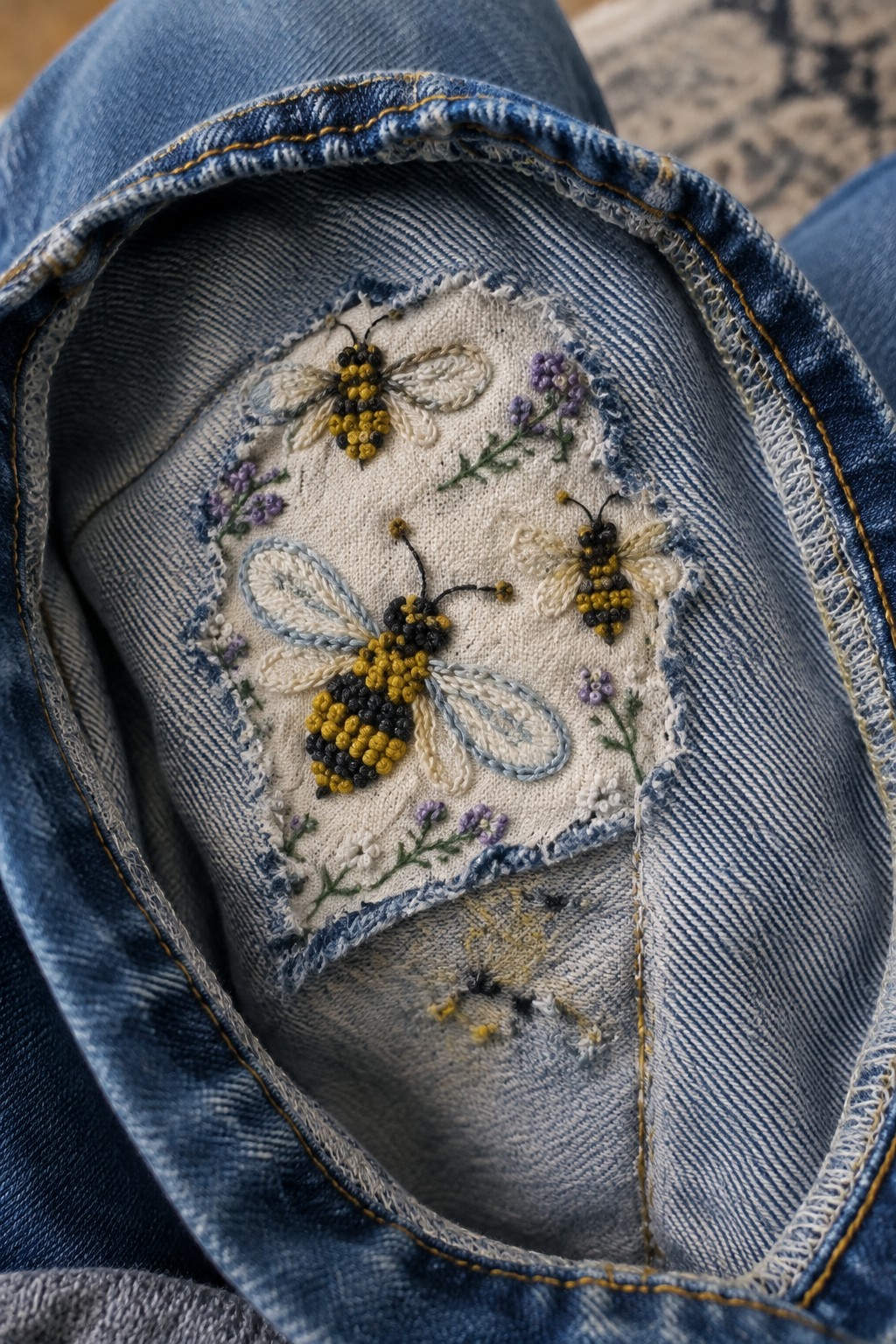 Close-up of a light fabric patch embroidered with bees and purple flowers inside blue jeans.