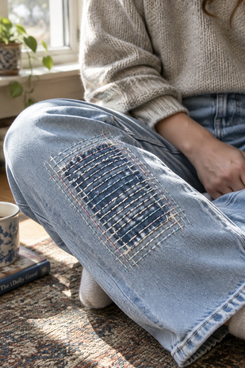 Multicolored rows of embroidery cover a rectangular repair on the knee of blue jeans.