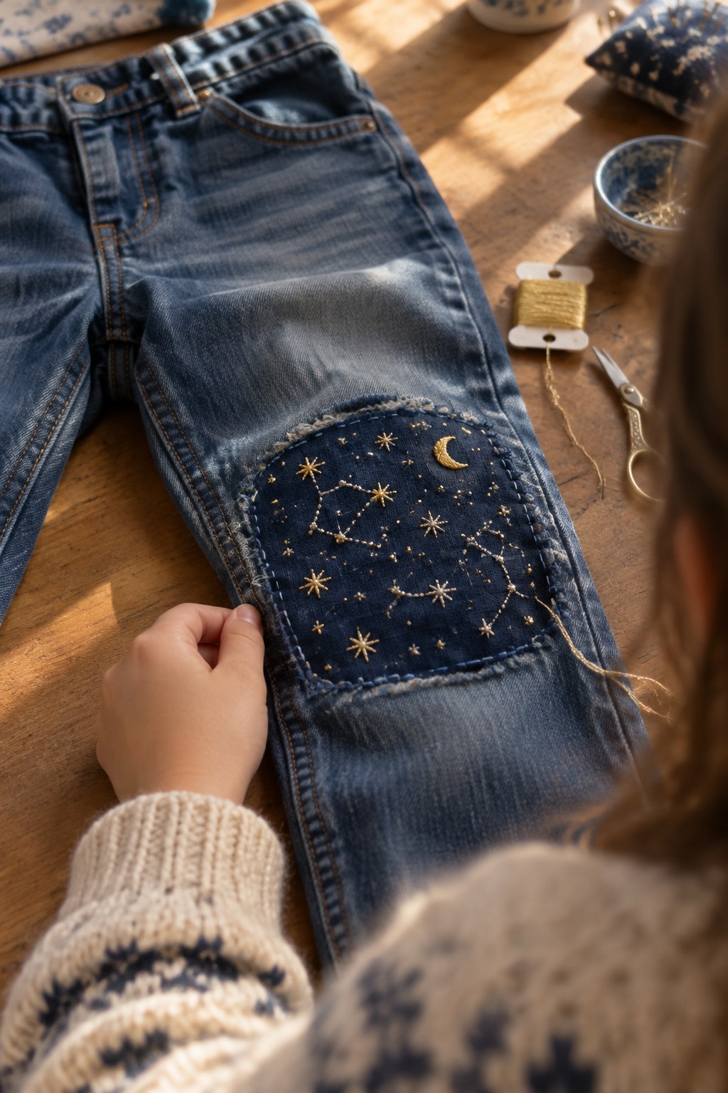 A dark denim patch embroidered with gold stars, constellations, and a crescent moon covers the knee of blue jeans.