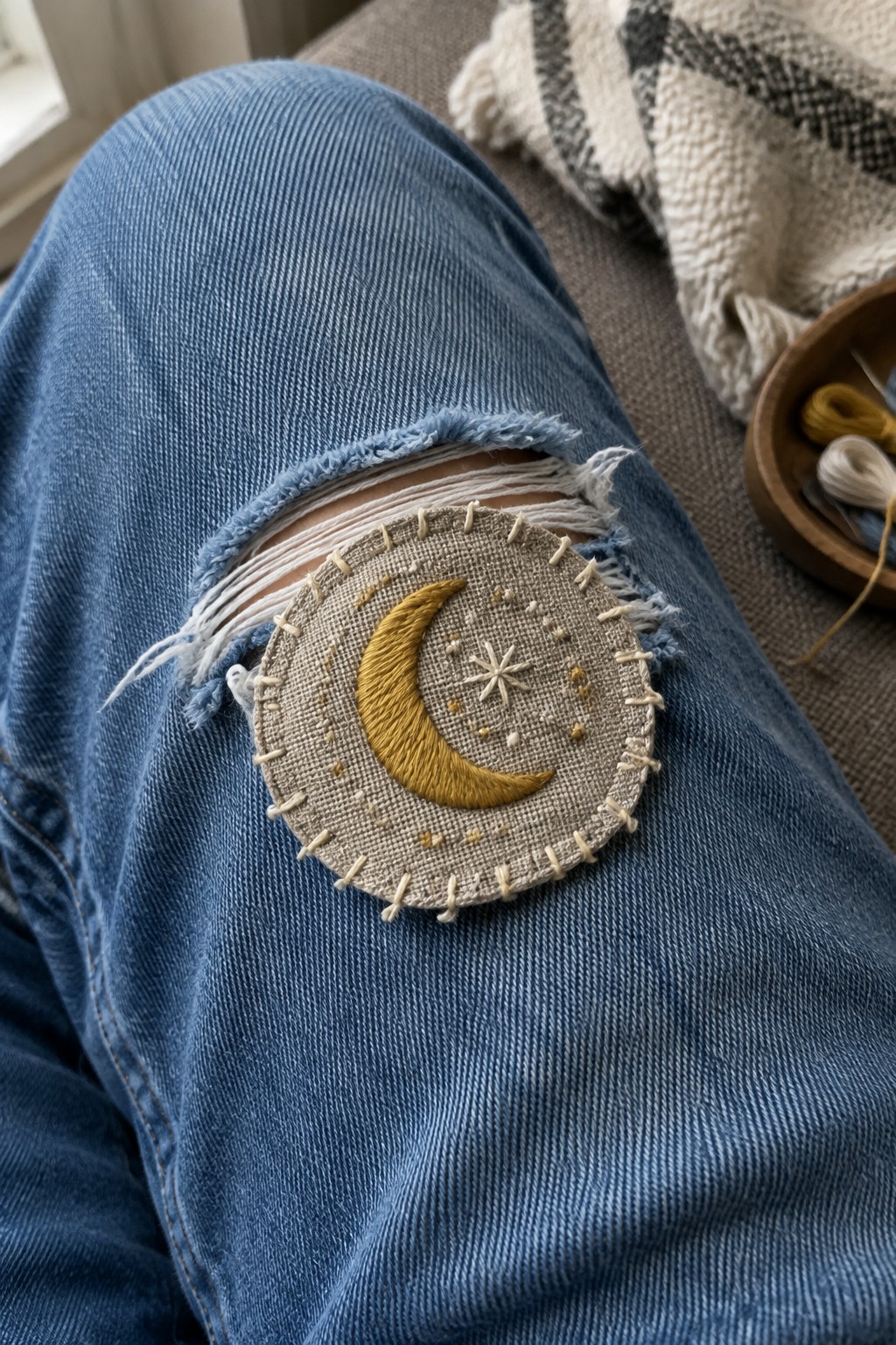 A round beige patch embroidered with a gold crescent moon and small stars rests over a tear in blue jeans.