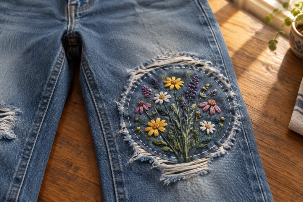 22 Denim Repair Embroidery Ideas for Torn Jeans Knees Blue distressed jeans with a round floral embroidery patch on the knee.