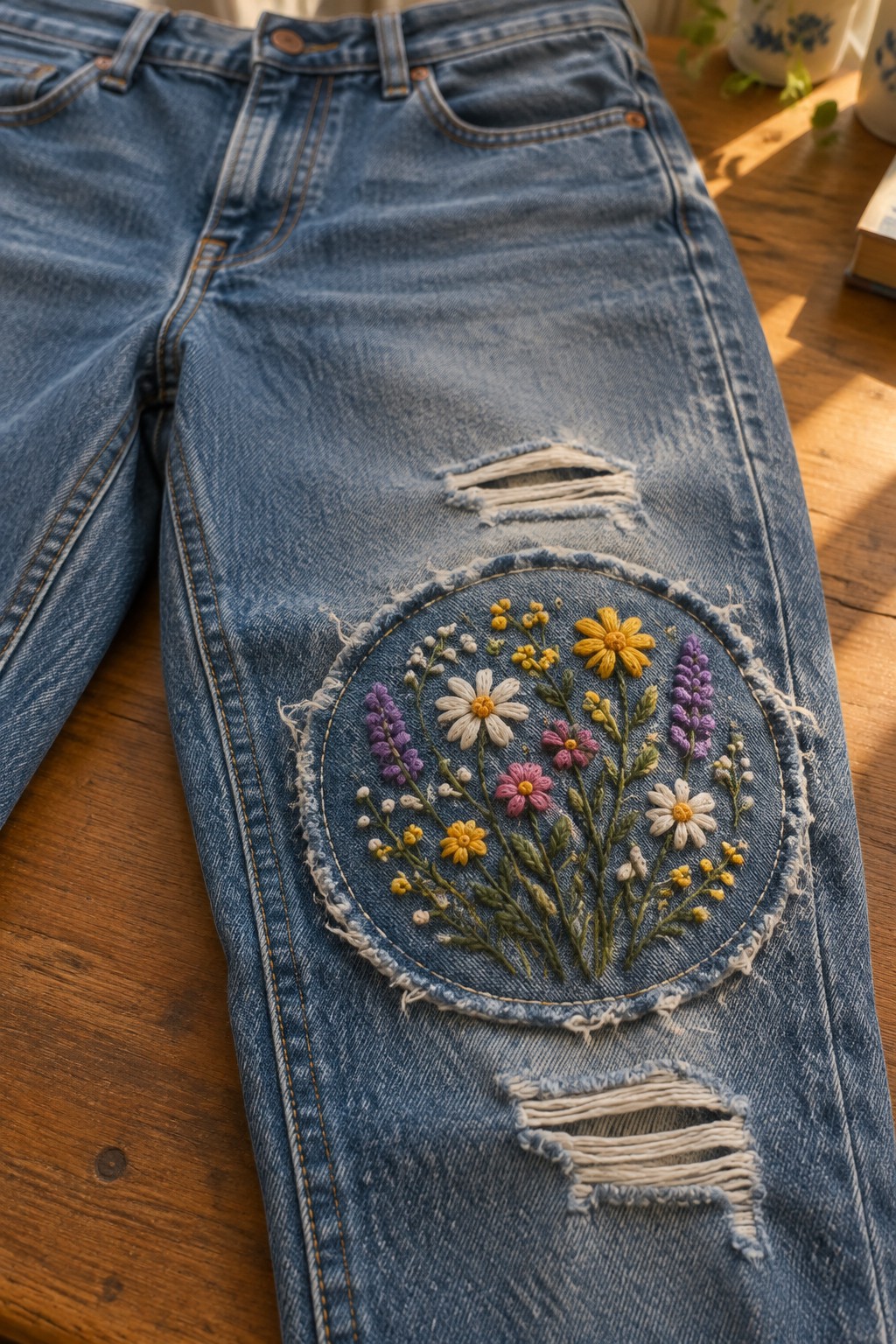 Blue distressed jeans with a round floral embroidery patch on the knee.