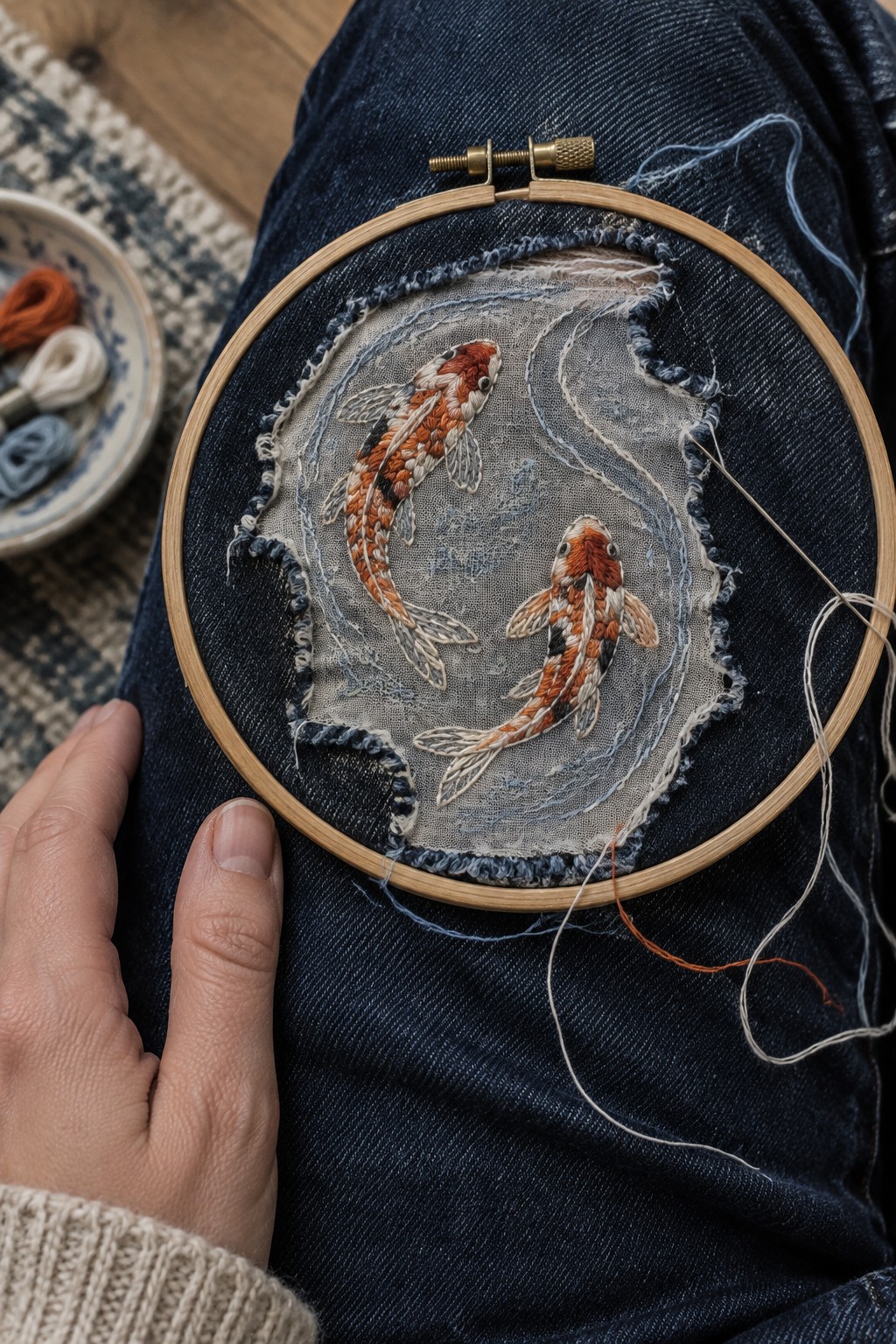 Two orange-and-white koi are embroidered on a pale patch over dark jeans held in a wooden hoop.
