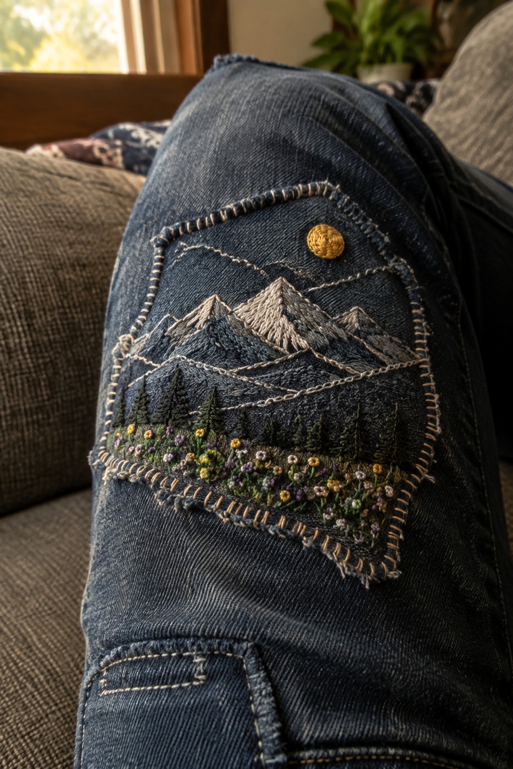 Embroidered mountain, forest, and flower landscape patch on the knee of blue jeans.