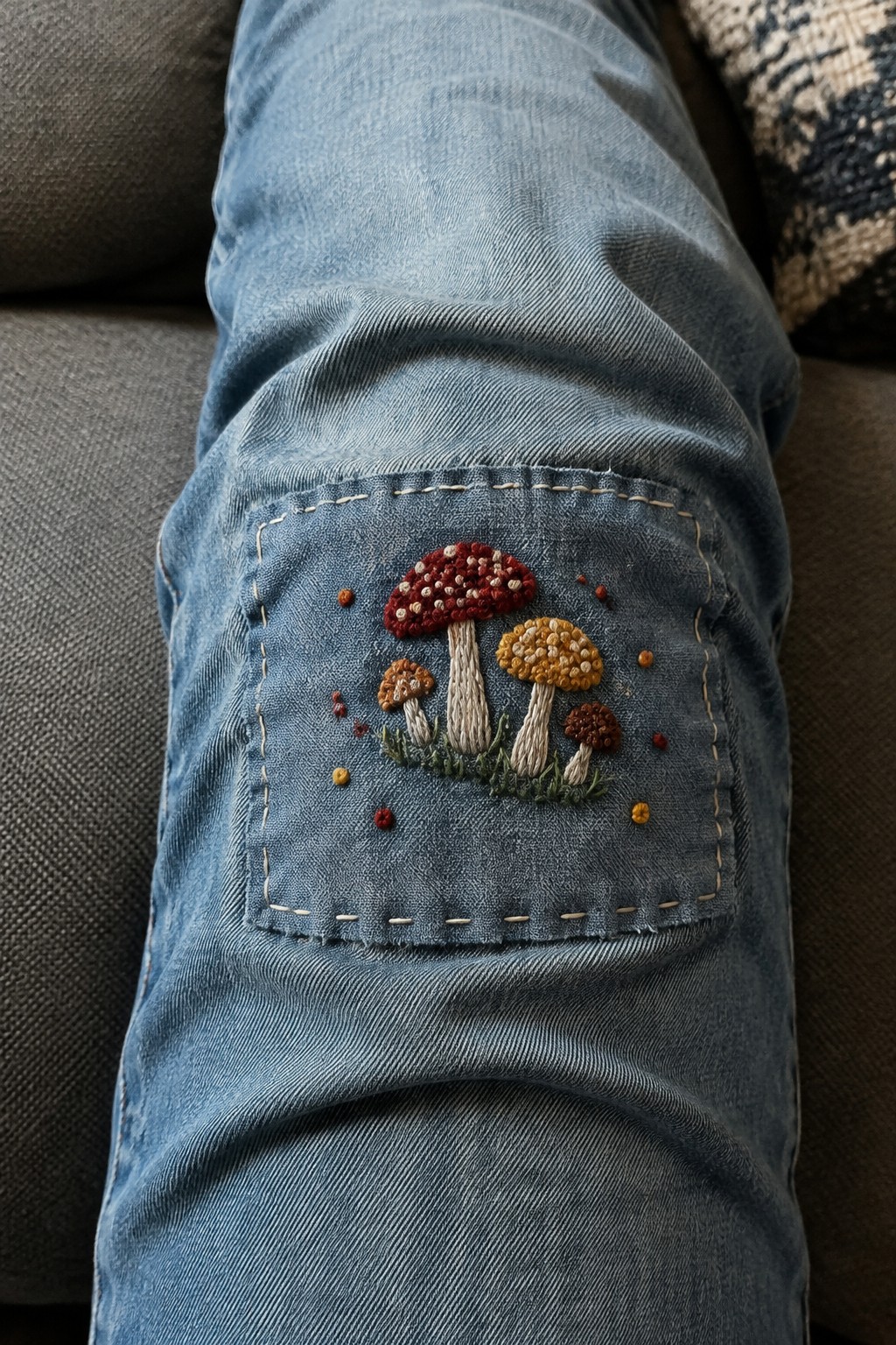 A denim knee patch embroidered with four mushrooms in red, gold, and brown thread.