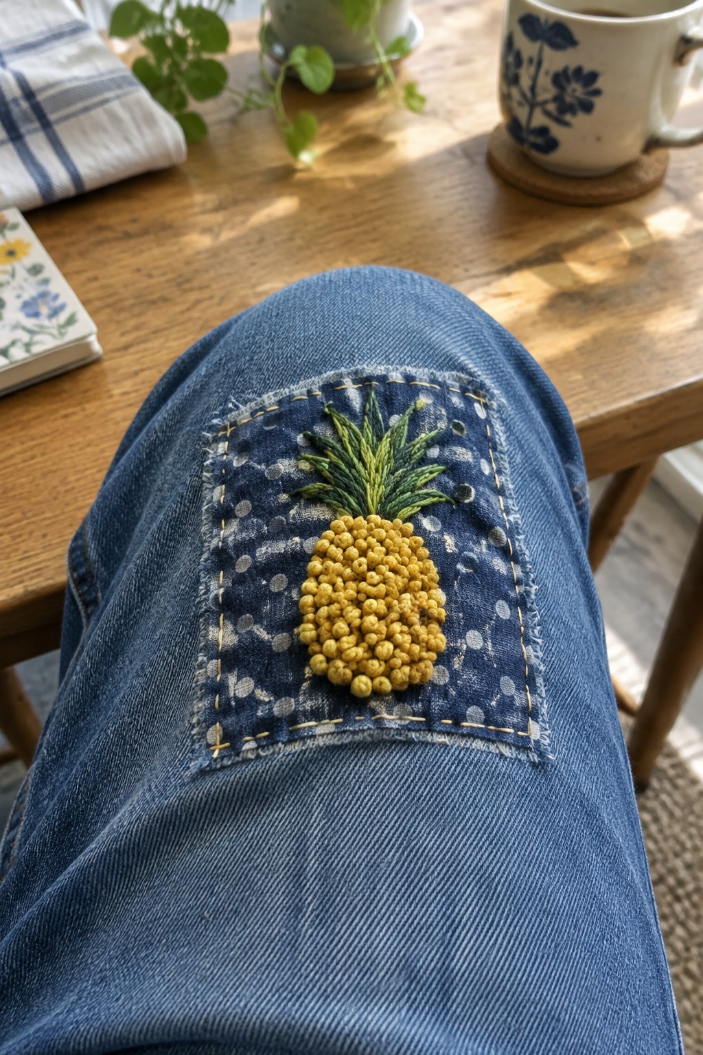 A raised yellow pineapple with green leaves is embroidered on a dark patterned patch over blue jeans.