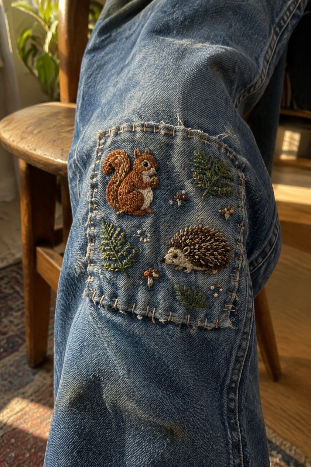 A blue denim knee is covered by a bordered embroidered patch with a squirrel, hedgehog, and green plants.