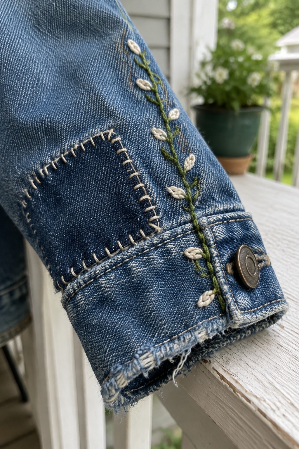 A blue denim sleeve cuff with cream flower and green vine embroidery beside a stitched patch.
