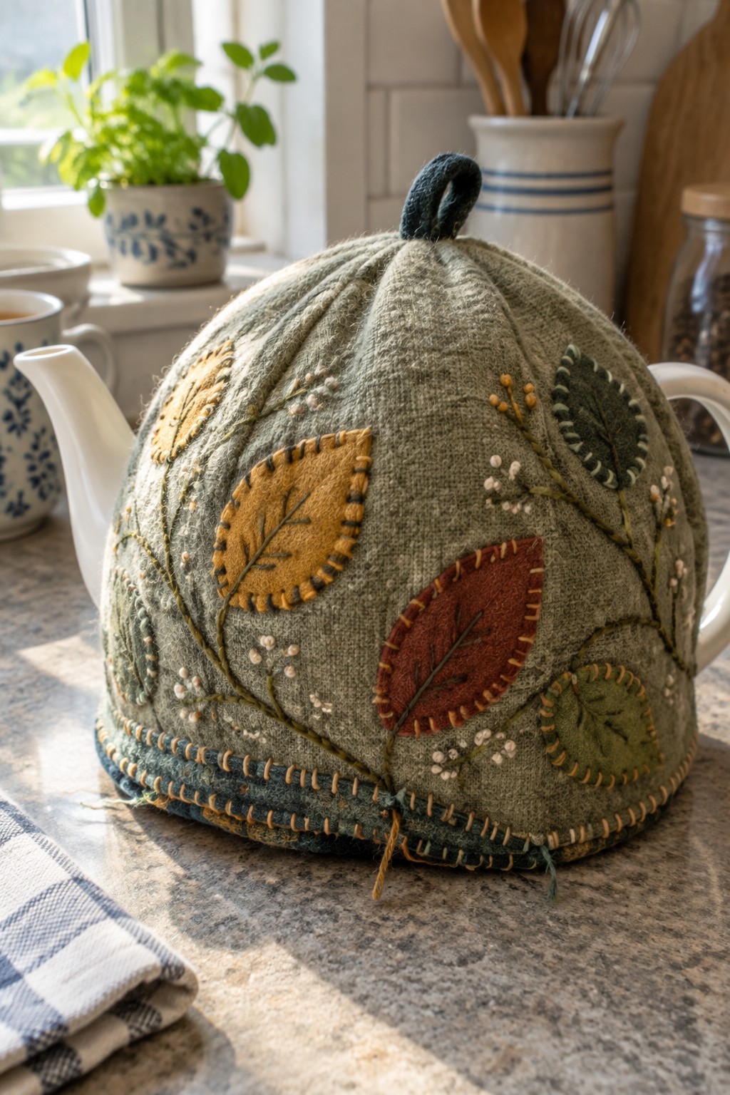 A rounded green fabric tea cozy decorated with stitched leaves and vines sits on a kitchen counter.
