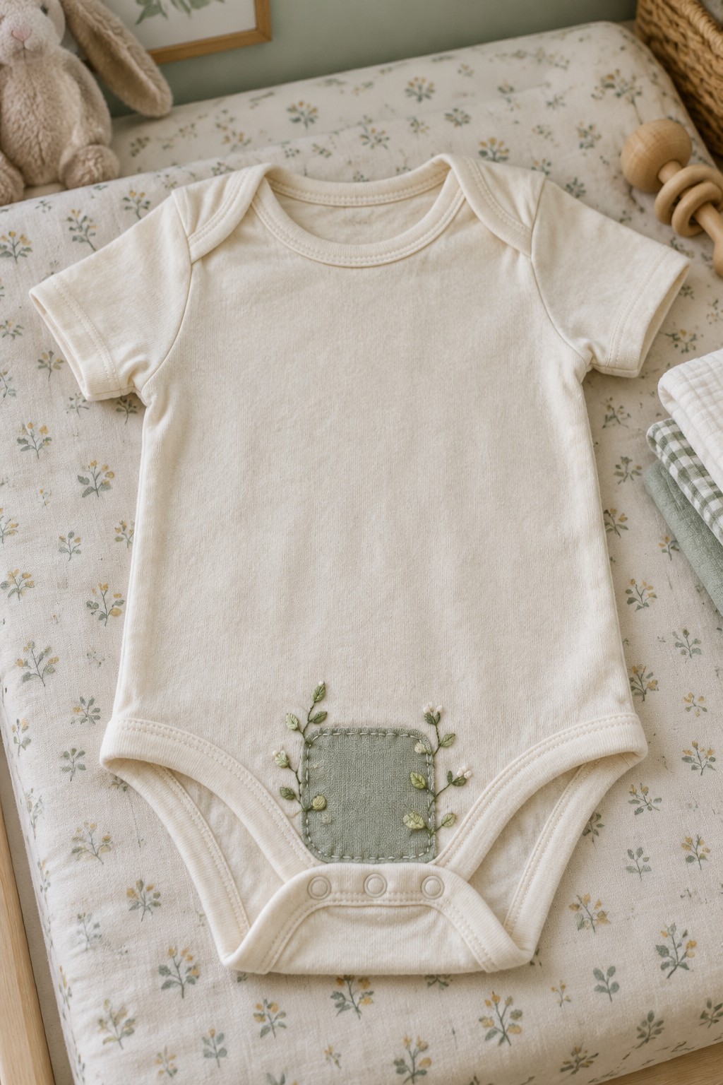 An ivory baby bodysuit with a sage-green pocket and embroidered leaves lies on floral bedding.