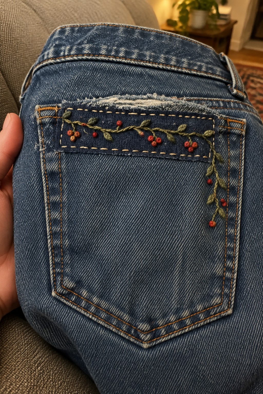 A green embroidered vine with red berries runs across the top of a blue jeans pocket.