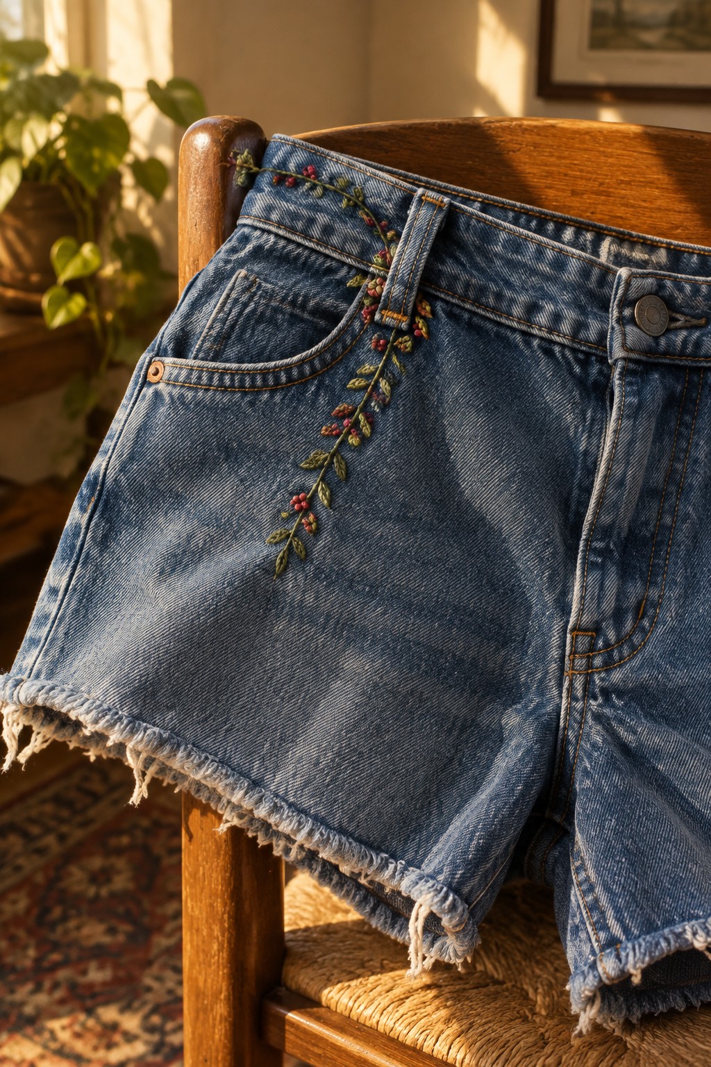 Frayed denim shorts draped over a wooden chair, with a green vine and red berries embroidered beside the front pocket.