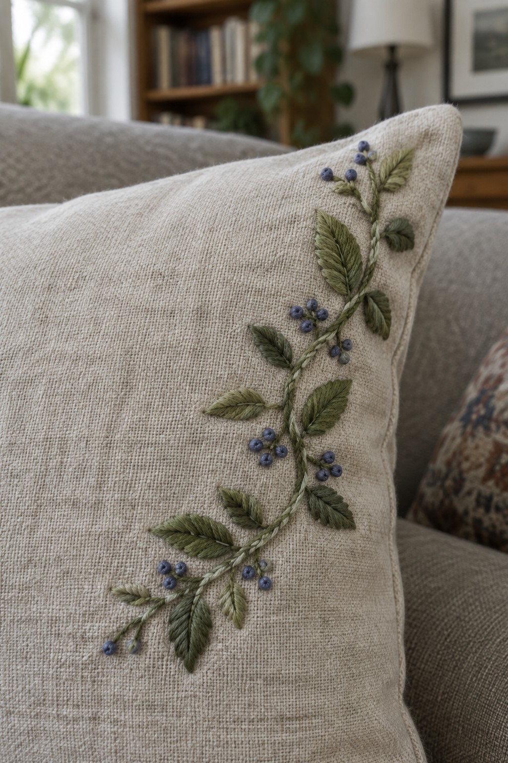 A beige sofa cushion embroidered with a diagonal green vine, leaves, and small blue berries.