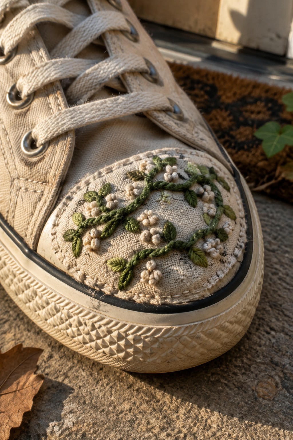 Close-up of an off-white canvas sneaker with green vine and cream flower embroidery across the toe.