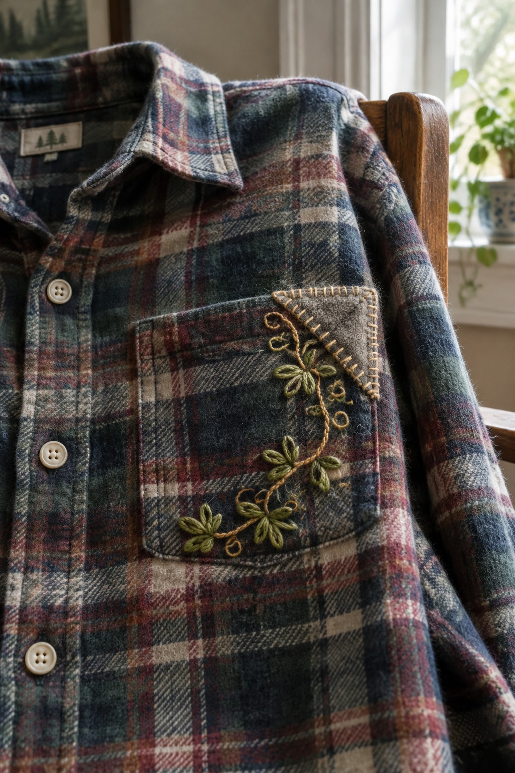 A plaid shirt draped over a wooden chair, with a leafy embroidered vine and triangular patch on its chest pocket.