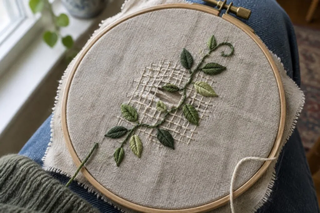 Green embroidered leaves and a curved vine cross over pale repair stitches on fabric held in a wooden embroidery hoop.