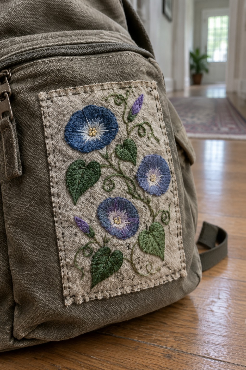A gray canvas backpack with a rectangular embroidered patch of blue and purple flowers, green leaves, and curling vines.
