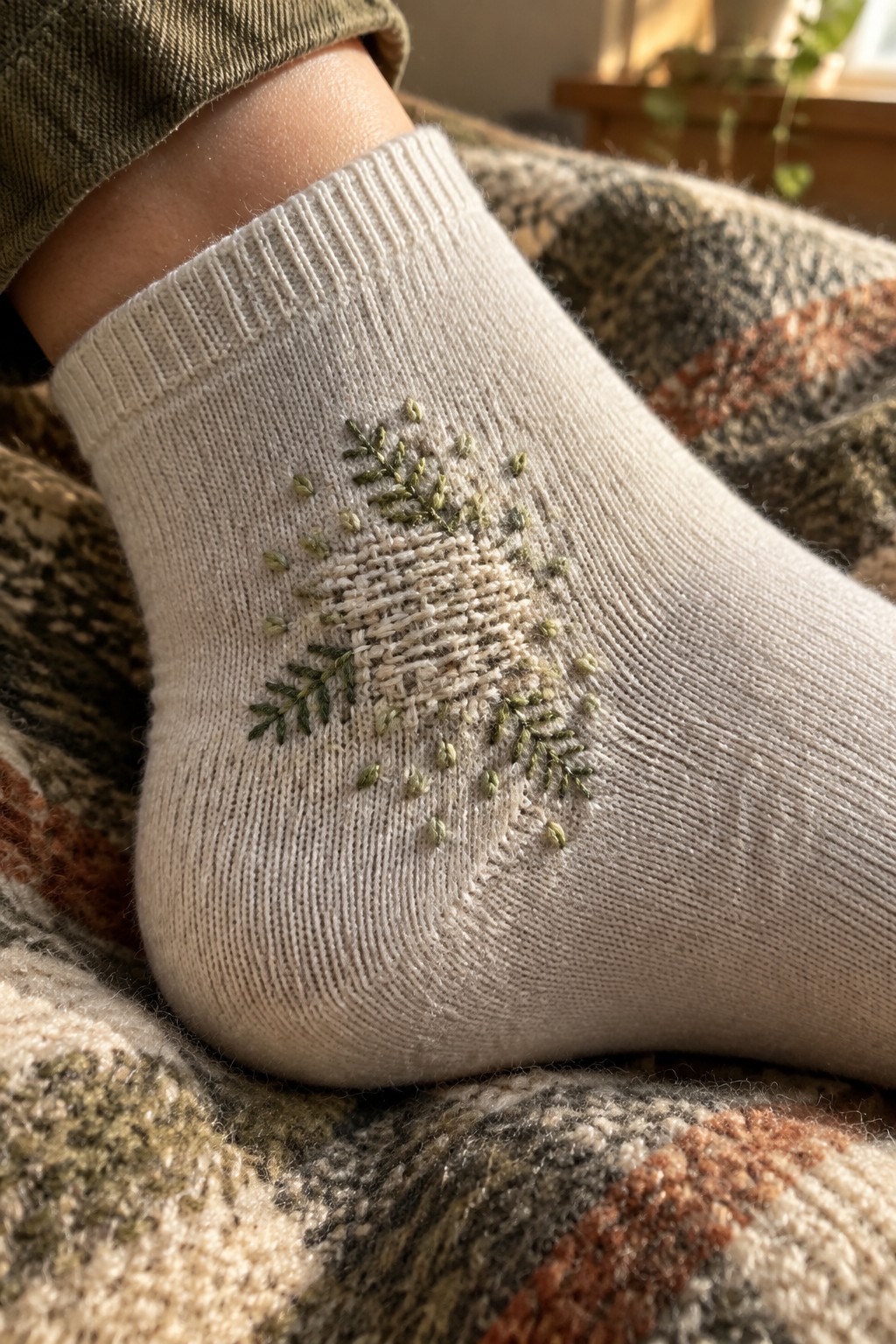 A cream sock with a green leaf embroidery repair rests on a plaid blanket.