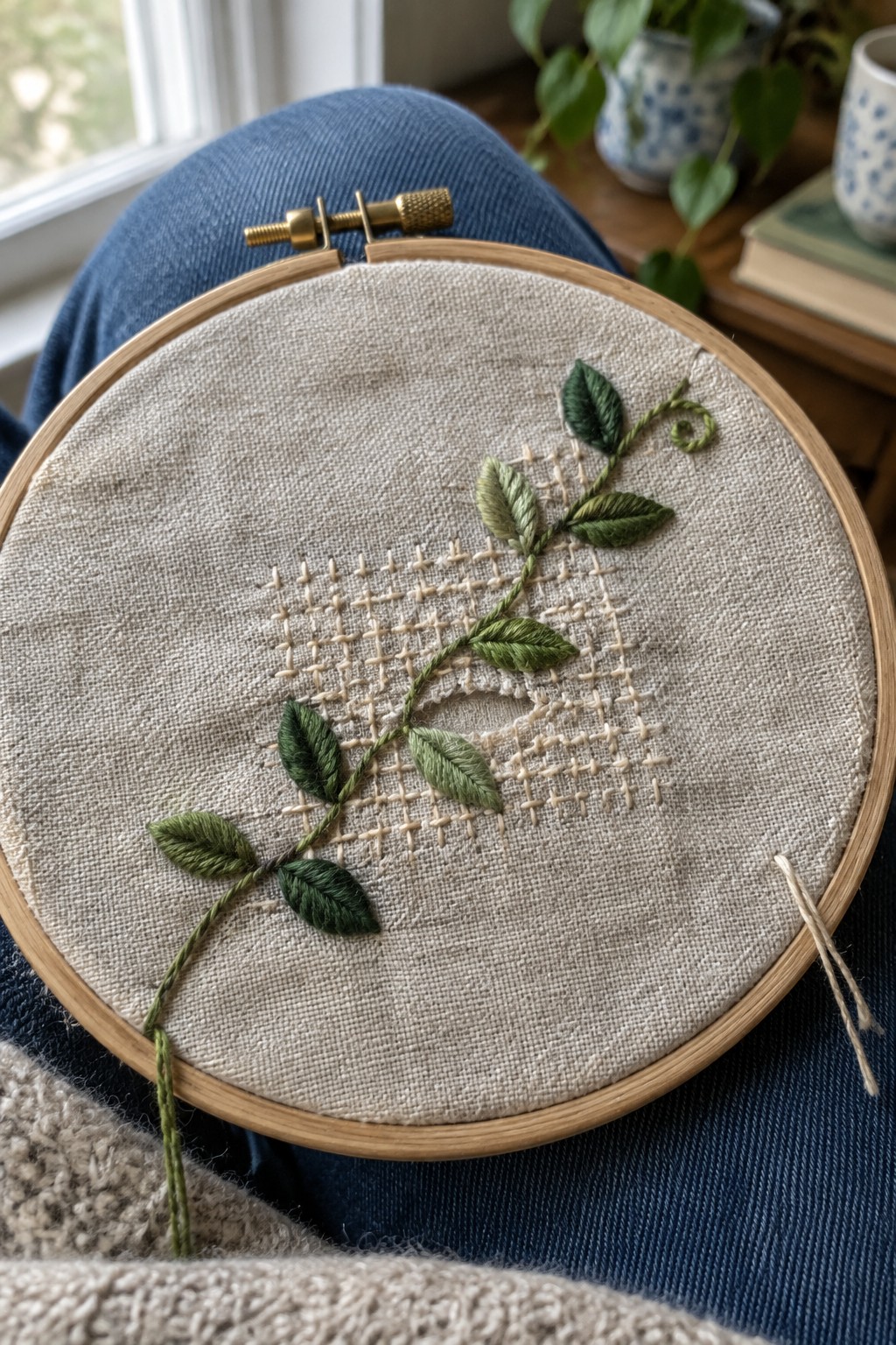 Green embroidered leaves and a curved vine cross over pale repair stitches on fabric held in a wooden embroidery hoop.