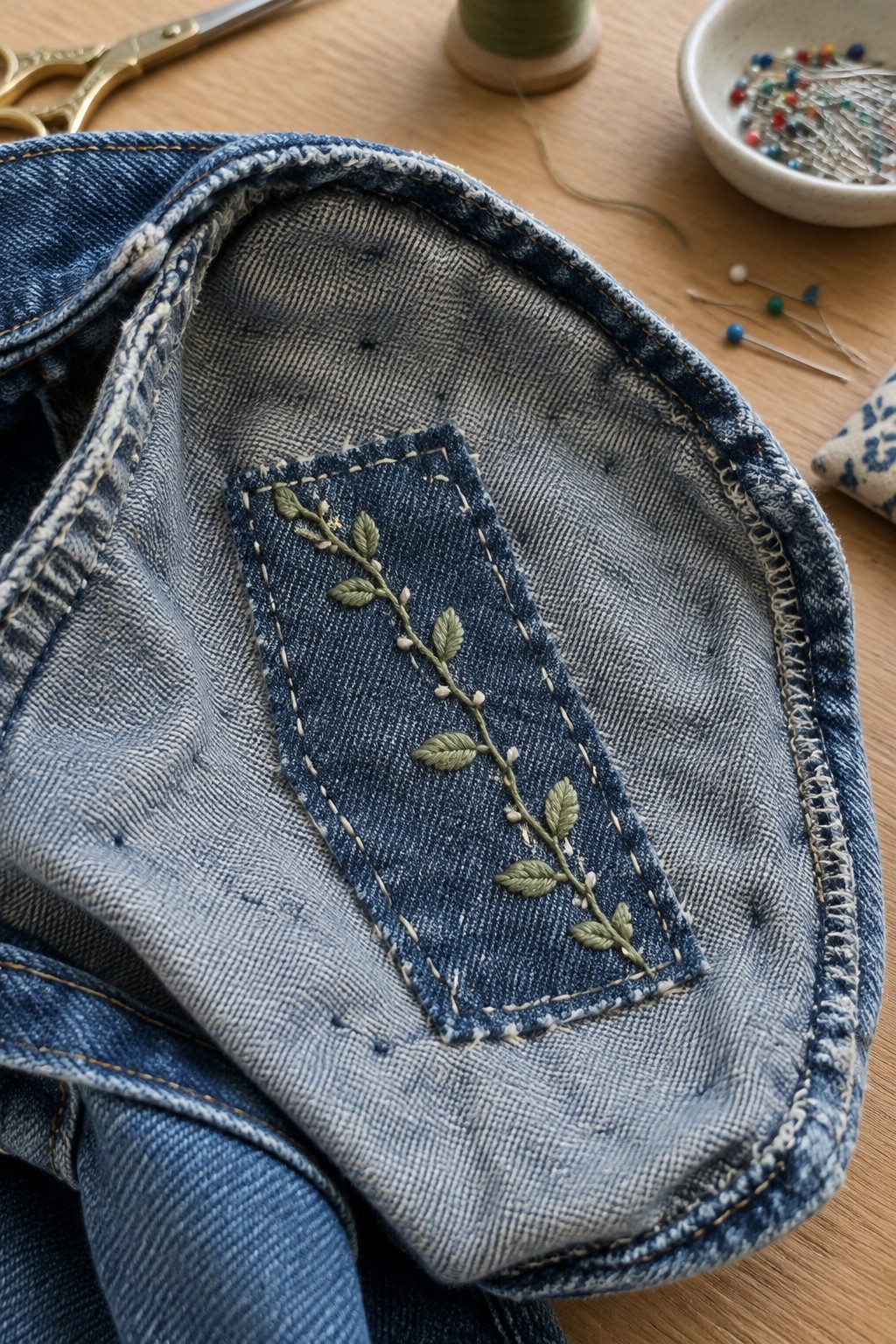 A dark denim patch embroidered with a green leafy vine is sewn onto the inside of a denim garment.