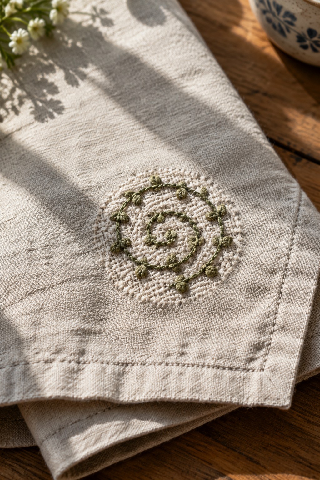 A green spiral vine embroidered on a round woven patch on the corner of a folded linen napkin.