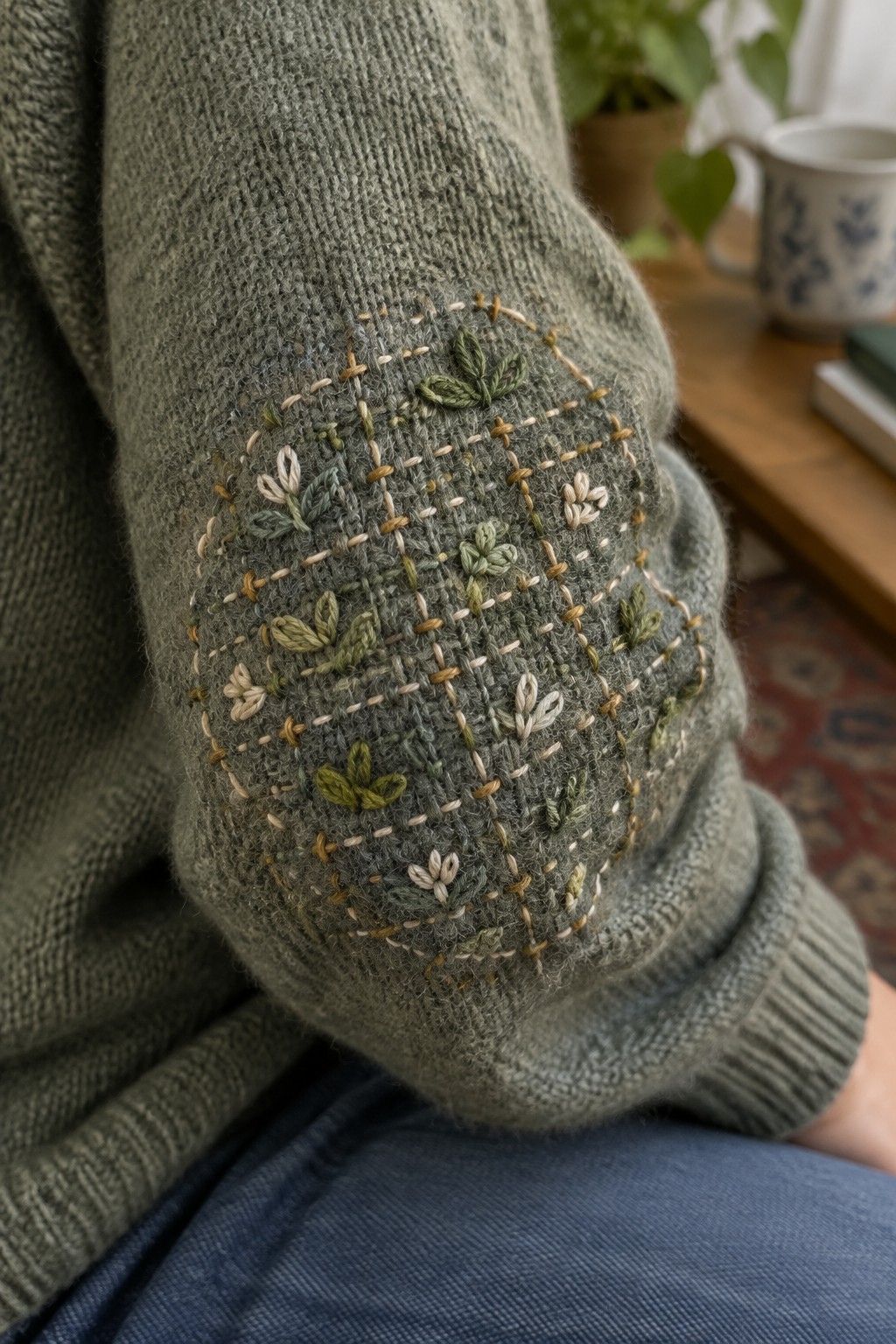 An olive-gray sweater elbow is darned with a rounded grid of cream and ochre stitches and embroidered leaves and flowers.