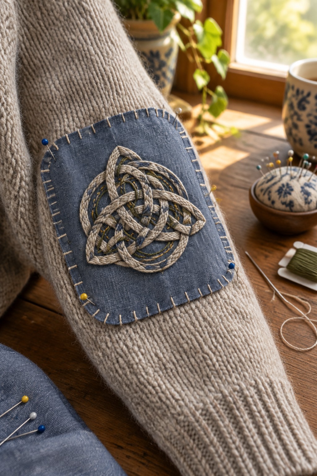 A cream knitted sweater sleeve with a blue fabric elbow patch embroidered with a raised cream knot design.